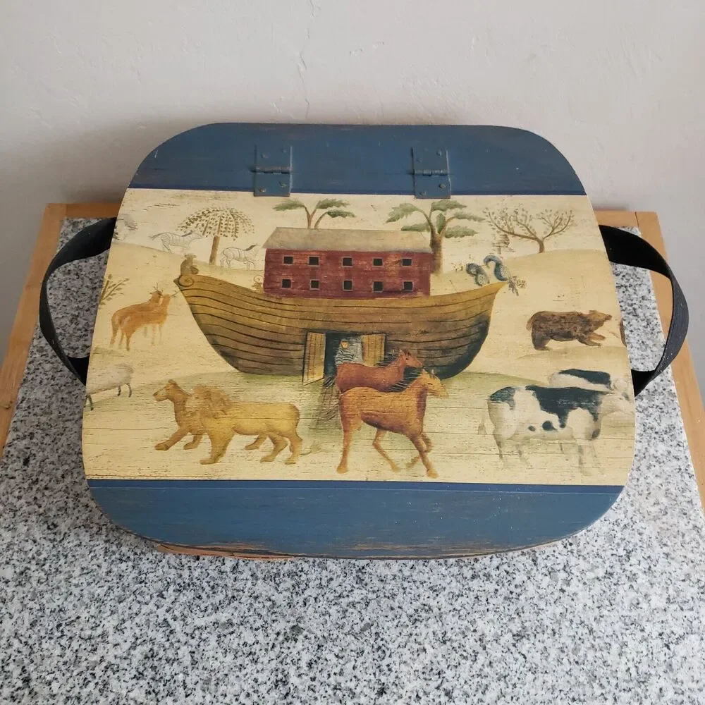 VTG Woven Wood Decoupage‎ Noah's Ark Lid w/Handles Hinge Top Home Décor Basket